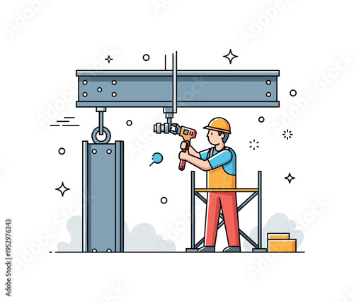 Steel beam installation scene centered on a worker fastening bolts with an electric wrench while standing on a simplified scaffold, expressing