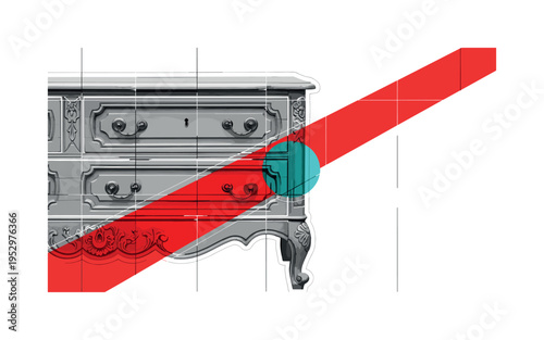 Black and white vintage dresser partially cropped by the frame edge, bold red diagonal block slicing across lower section for dynamic tension, turquoise