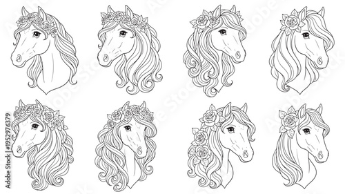 Horses with ornate floral crowns showcasing diverse hairstyles and artistic line drawings for coloring.