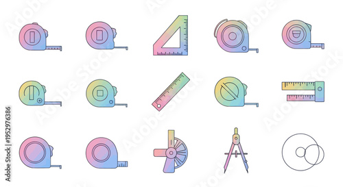 Collection of Measuring Tools: Rulers Tape Measures Set Square Compass and Protractor.