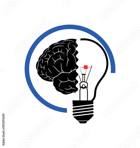 Black and white brain morphing into lightbulb silhouette, bright electric blue circular halo behind the hybrid shape, small red square accent at filament