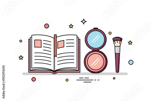 Makeup education resource open book paired with compact mirror and brush forming a balanced composition, symbolizing theory combined with practical artistry