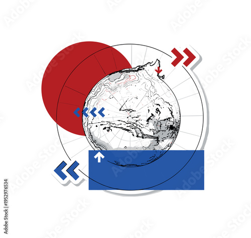 Black and white conceptual Mars map with minimal topographic lines, oversized deep red circle partially overlapping map center, bold cobalt rectangular block