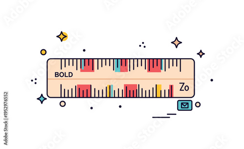 Design scale ruler concept showing a compact ruler with alternating bold and fine tick marks and a small ratio label. A symbolic representation of proportion,