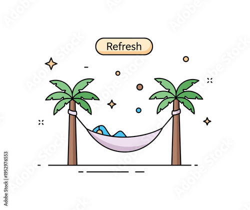 Rejuvenation retreat scene hammock gently suspended between two minimal palm shapes with a small Refresh label above, expressing restorative escape and