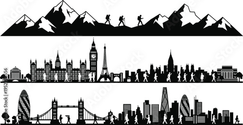 Adventure travel silhouette illustration, mountain hiking artwork, iconic landmark design, city skyline graphic, cultural exploration concept, tourism journey scene