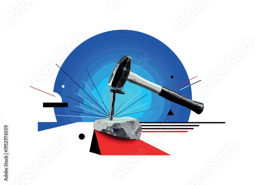 Black and white artisan hammer striking a chisel on stone, bright blue semicircle behind and red angular block beneath the tools, thin radiating