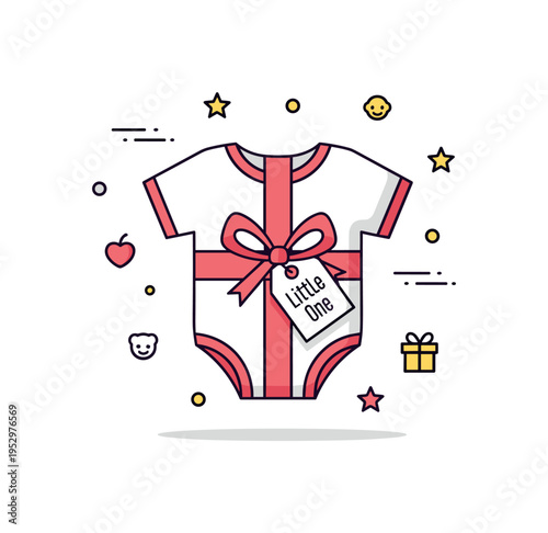 Baby shower gift onesie neatly wrapped with ribbon bow and a small gift tag labeled Little One, symbolizing celebration and anticipation of new life.