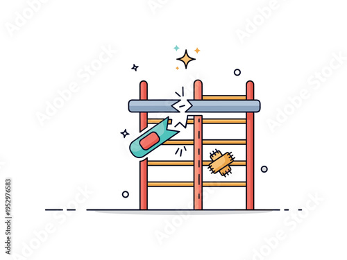 Resilience building process illustrated through a broken ladder step repaired with a visible patch and a small star accent above, symbolizing perseverance,