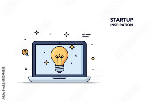 Startup inspiration icon scene laptop screen displaying a glowing bulb with tiny star elements nearby, conveying entrepreneurial energy and new venture