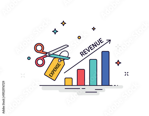 Cost reduction strategy scissors trimming a small expense tag beside a growing revenue bar, expressing efficiency improvements that strengthen