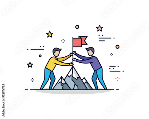 Goal setting partnership showing two figures placing a flag on a small mountain peak icon, representing teamwork, ambition, and guided achievement. Minimal
