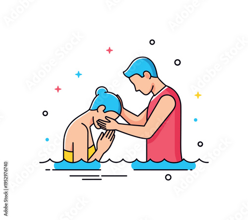 River baptism prayer moment concept showing a figure with bowed head in waist deep water while another figure gently supports them. The compact composition