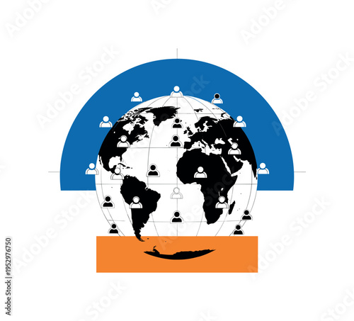 Black and white abstract globe with simplified human icons evenly distributed across surface, bold blue semicircle framing upper hemisphere, orange horizontal
