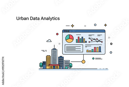 Urban data analytics city silhouette connected to a large dashboard screen with charts and signal lines, representing data insights guiding city planning.