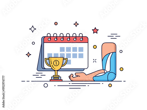 Post surgery recovery milestone centered on a calendar icon with a small trophy and a healing limb, symbolizing patience, structured timelines, and successful