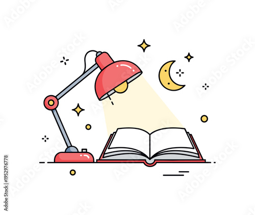 Bedtime story ritual theme featuring a small lamp illuminating an open book with subtle moon icon nearby, symbolizing comfort, routine, and childhood wonder.