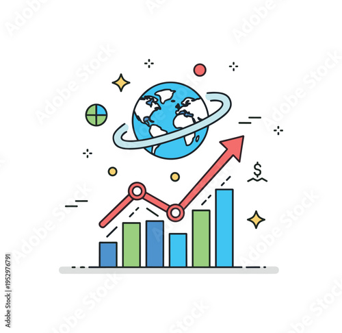 Global economic trends concept with a rising line graph wrapping around a simplified globe icon at the center. The composition conveys international markets,