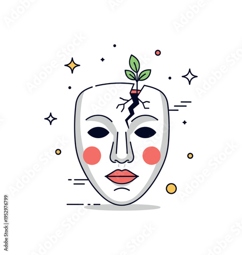 Broken yet strong theme centered on a cracked ceramic mask with a tiny plant sprouting through one fracture line, expressing resilience, rebirth, and growth