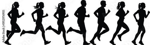 Running silhouette illustration set, athletic motion artwork, dynamic posture design, sports activity graphic, fitness training concept, marathon movement sequence