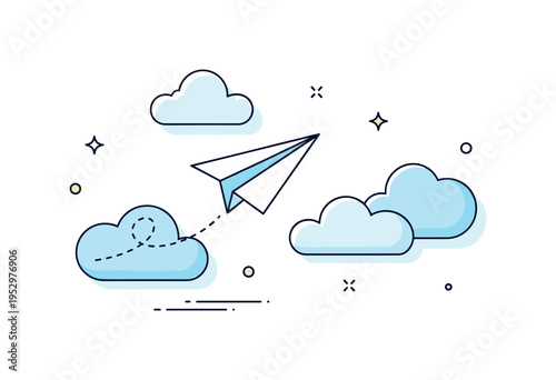 Soft clouds and paper airplane showing a simple folded airplane gliding between rounded cloud forms, symbolizing imagination and carefree childhood moments.