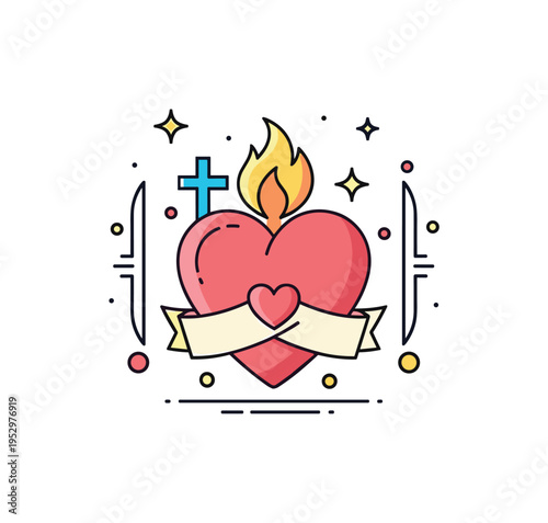 Sacred heart emblem featuring a stylized heart with gentle flame and cross elements symbolizing compassion, sacrifice, and divine love. Balanced geometric