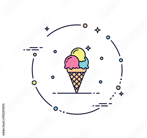 Ice cream cone with a single scoop and gentle highlight suggesting sweetness and summer joy in a playful yet refined icon scene. The balanced circular framing