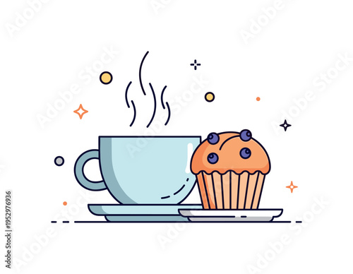 Coffee cup with muffin warm ceramic cup with rising steam placed beside a soft blueberry muffin on a small saucer, expressing cozy morning ritual and simple