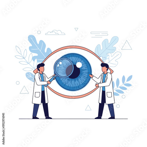 Two doctors examining a large eye illustration for medical analysis