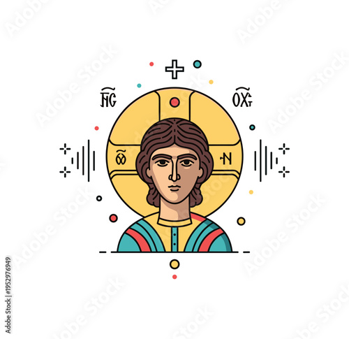 Icon painting inspired motif frontal symbolic portrait with stylized halo and symmetrical ornamental elements, reflecting traditional sacred art heritage in a