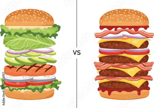 Healthy Burger vs Unhealthy Burger Comparison Illustration with Fresh Vegetables and Grilled Chicken versus Bacon, Cheese and Sauce Layers for Nutrition Concept