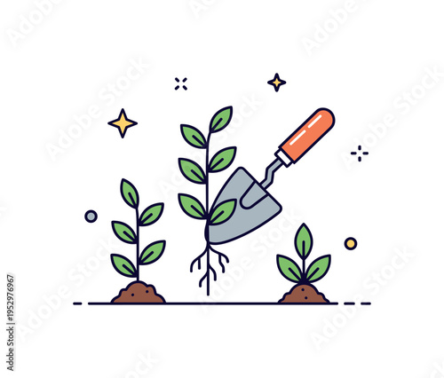 Manual weed removal concept centered on a small trowel lifting a weed with visible roots while nearby plants remain intact, symbolizing precision and hands on