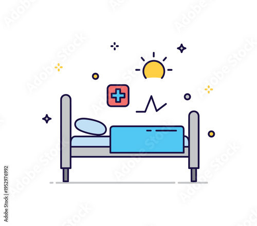 Postpartum recovery care depicted through a hospital bed icon paired with a small medical cross and a rising sun symbol. The composition reflects rest,