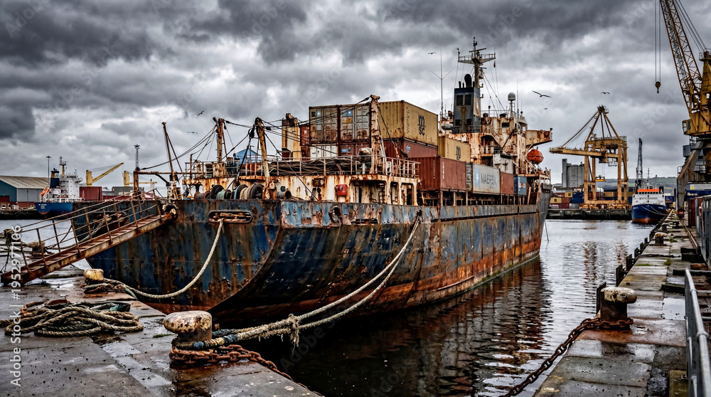 Fototapeta premium A weathered cargo ship rests in a harbor under a cloudy sky.