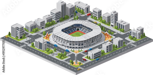 Isometric City Stadium Illustration with Urban Buildings, Roads and Traffic Surrounding Sports Arena for Smart City Planning, Infrastructure Design and Architecture Concept