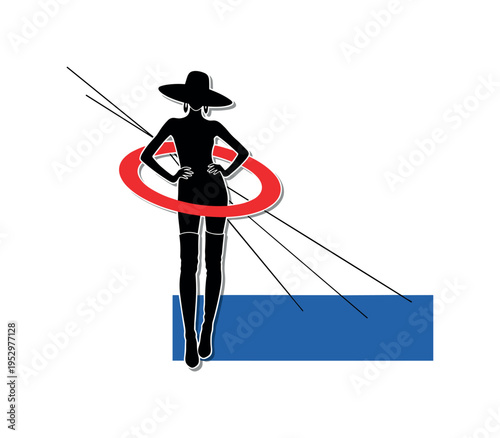 Black and white silhouette of people gathered around minimal bonfire shape, bold electric blue square framing upper area like winter dusk, thin red diagonal