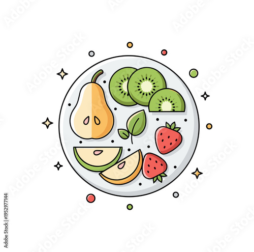Fruit platter vegan lifestyle symbol illustrated by a plate with sliced pear, kiwi, and strawberry arranged around a small leaf icon. The composition reflects