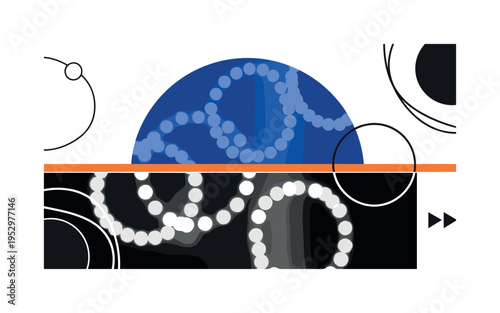 Black and white out-of-focus string lights forming soft circular patterns, large cobalt blue semicircle anchoring the top half, thin orange horizontal bar