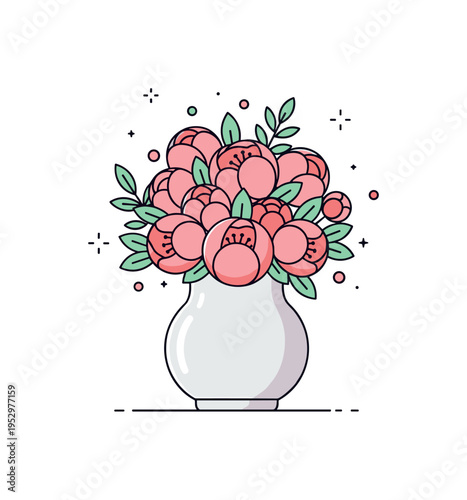 Romantic bouquet in ceramic vase presenting rounded peonies and delicate leaves gathered in a compact arrangement that conveys warmth and affection. Subtle