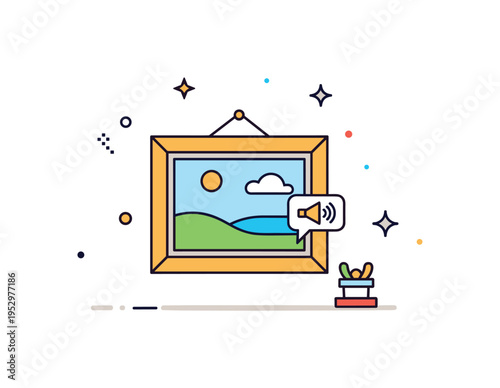 Art museum day visit featuring a framed painting icon with a small audio guide symbol and minimal decorative sparkles, reflecting cultural enrichment and quiet