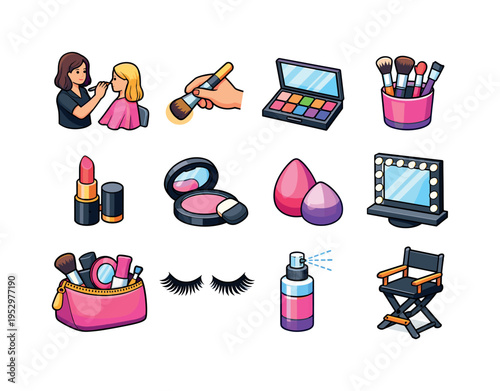 Makeup Artist. Colorful isometric vector icons set of Makeup Artist: makeup artist at work, applying foundation brush, eyeshadow palette, makeup brushes set,