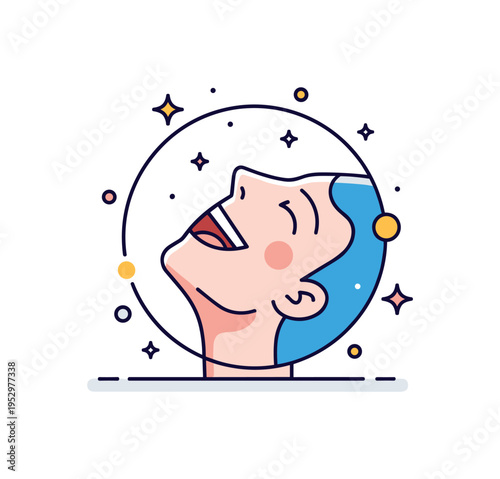 Happiness expression icon stylized face tilted back in laughter framed within a circular emblem with subtle sparkles, representing emotional wellbeing and