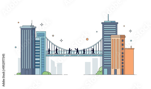 Glass skybridge with tiny silhouette figures crossing between high rise structures symbolizing movement, opportunity, and corporate interaction. Subtle light