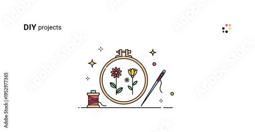 DIY embroidery projects cozy crafting scene featuring a small embroidery hoop with floral stitches and a threaded needle resting beside it,