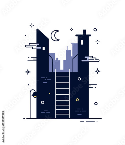 Dark alley urban night escape theme illustrated by a simple fire escape ladder silhouette against shadowed building shapes with a faint moon above. The scene