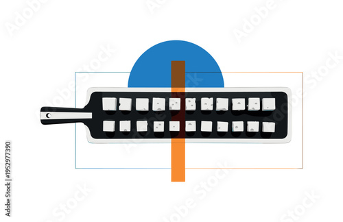 Black and white minimal rectangular serving board with neatly aligned cheese cubes, bright blue semicircle framing the top and orange vertical accent dividing