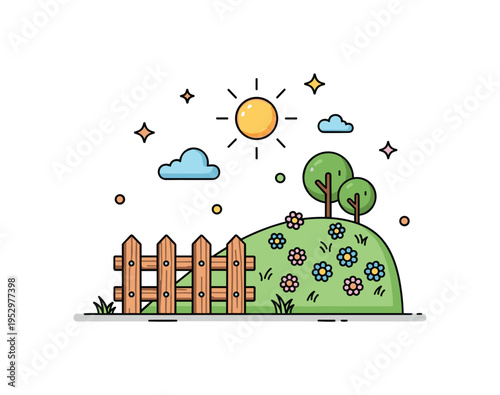 Countryside summer day small wooden fence beside a flower covered meadow hill with bright sun overhead, expressing rural charm and relaxed outdoor living.