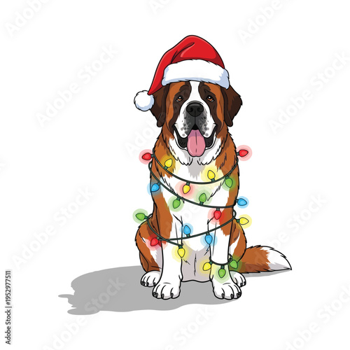 A festive dog adorned with holiday lights and a santa hat sits cheerfully.