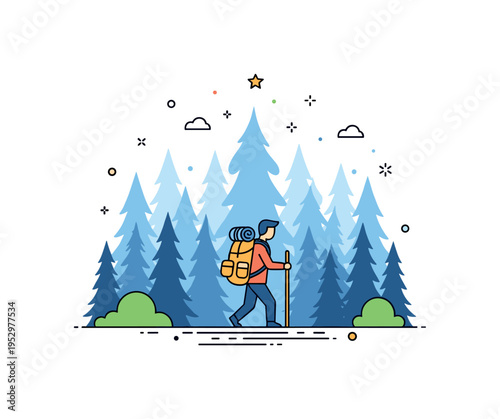 Forest trekking adventure featuring a lone hiker stepping forward with a sturdy backpack and simple walking stick, framed by layered tree silhouettes that