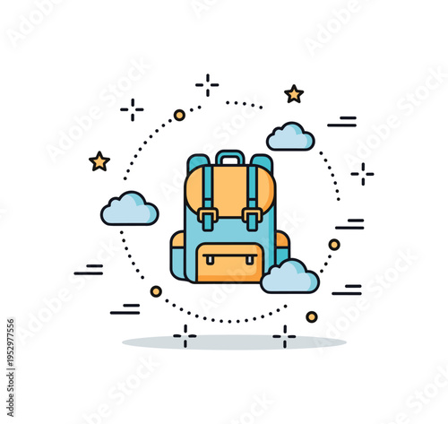 Lost traveler badge illustrated through a backpack icon with a faint dotted circle around it and soft cloud overlays, symbolizing temporary confusion and